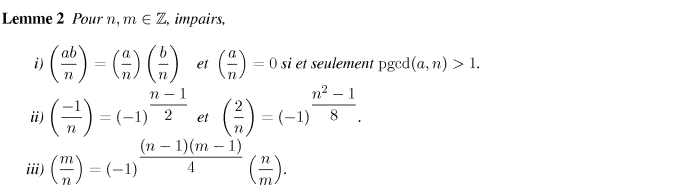 Propriétés du symbole de Jacobi
